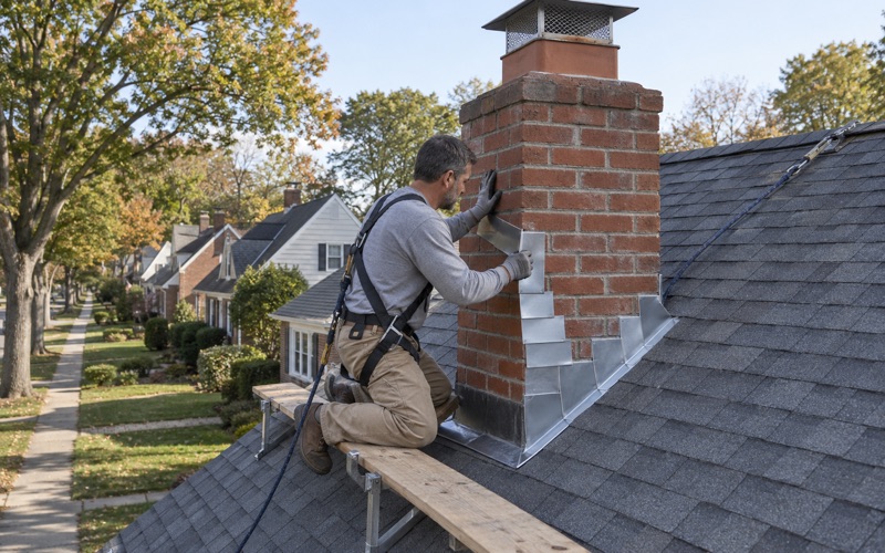 New counter flashing let into a cut mortar joint over woven step flashing on the brick chimney of a Clifton Cape Cod.