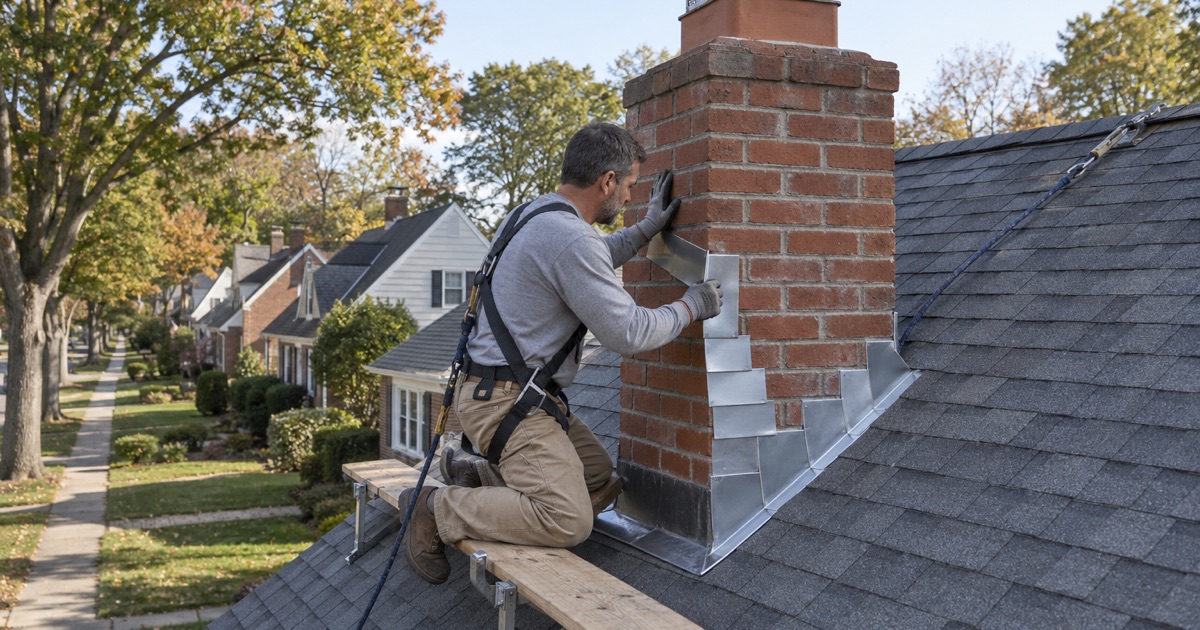 New counter flashing let into a cut mortar joint over woven step flashing on the brick chimney of a Clifton Cape Cod.