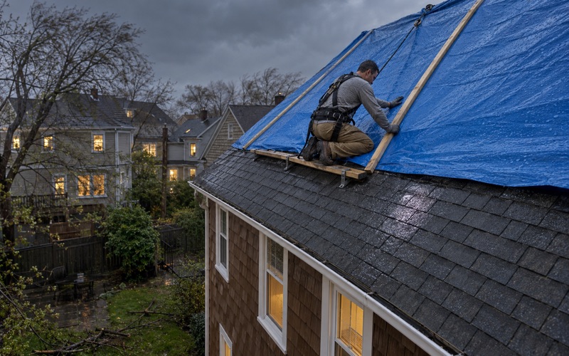 A blue tarp wrapped over the ridge and battened down on a storm-damaged Clifton roof on a wet, windy evening.