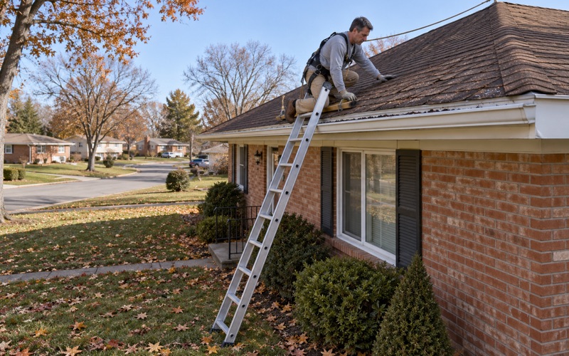 A roofer at eave height on a ladder checking curled, worn shingles on a Clifton brick ranch, loose granules gathered in the gutter.