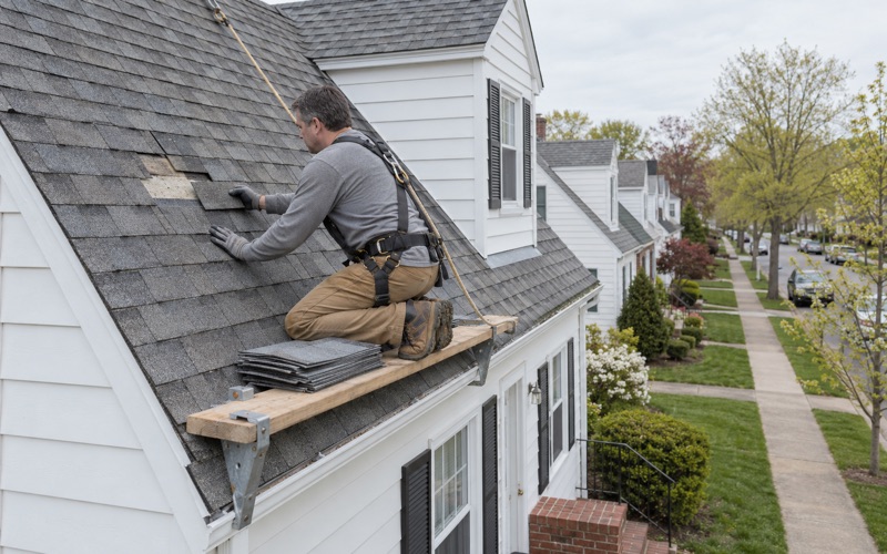 Replacement shingles slid into a patch of missing ones low on the front slope of a Clifton Cape Cod in Botany Village.