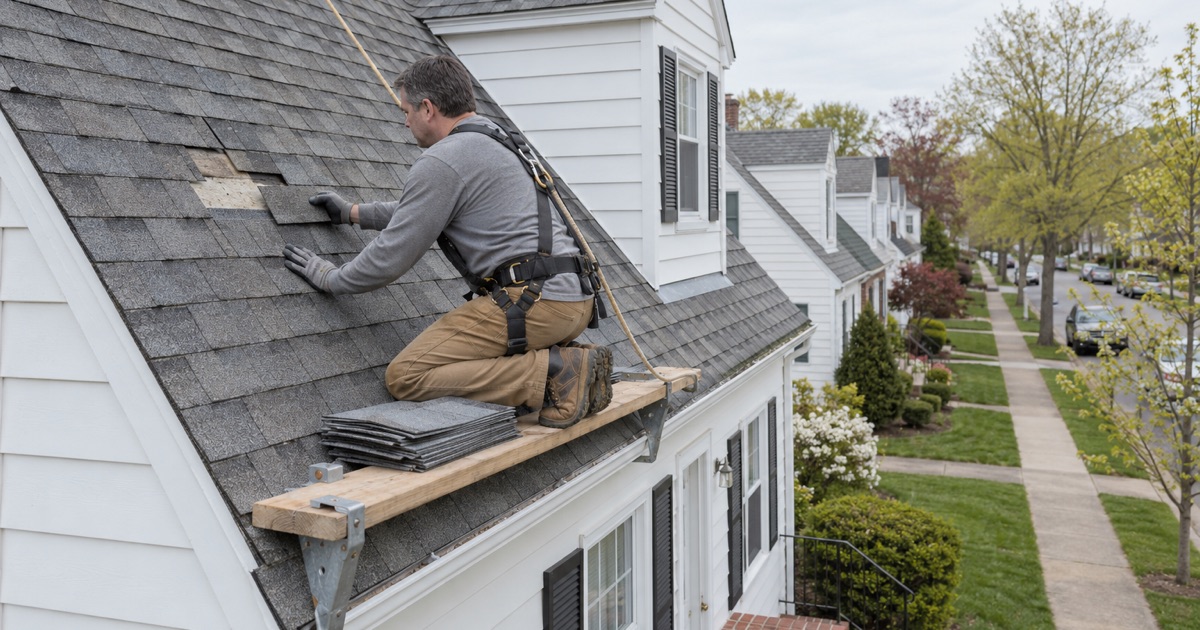 Replacement shingles slid into a patch of missing ones low on the front slope of a Clifton Cape Cod in Botany Village.