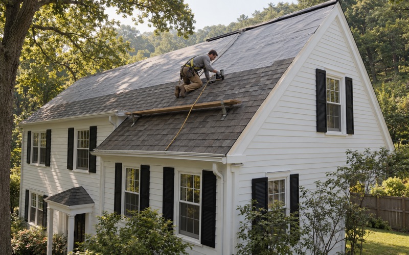 New weathered-wood shingles nailed up the side slope of a 1940s colonial in Clifton's Albion Place, the wooded reservation edge behind.