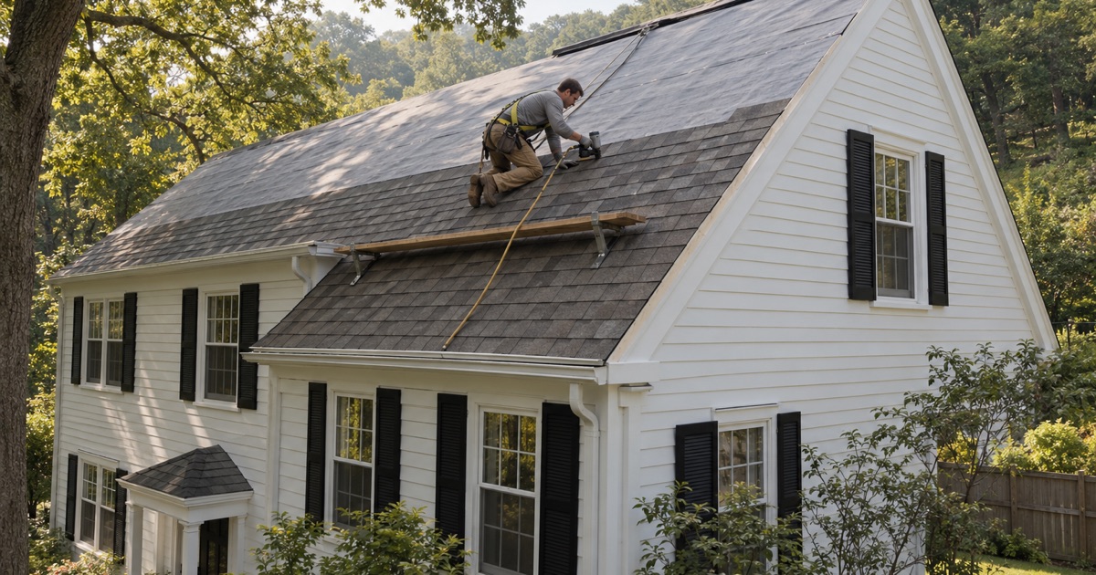 New weathered-wood shingles nailed up the side slope of a 1940s colonial in Clifton’s Albion Place, the wooded reservation edge behind.