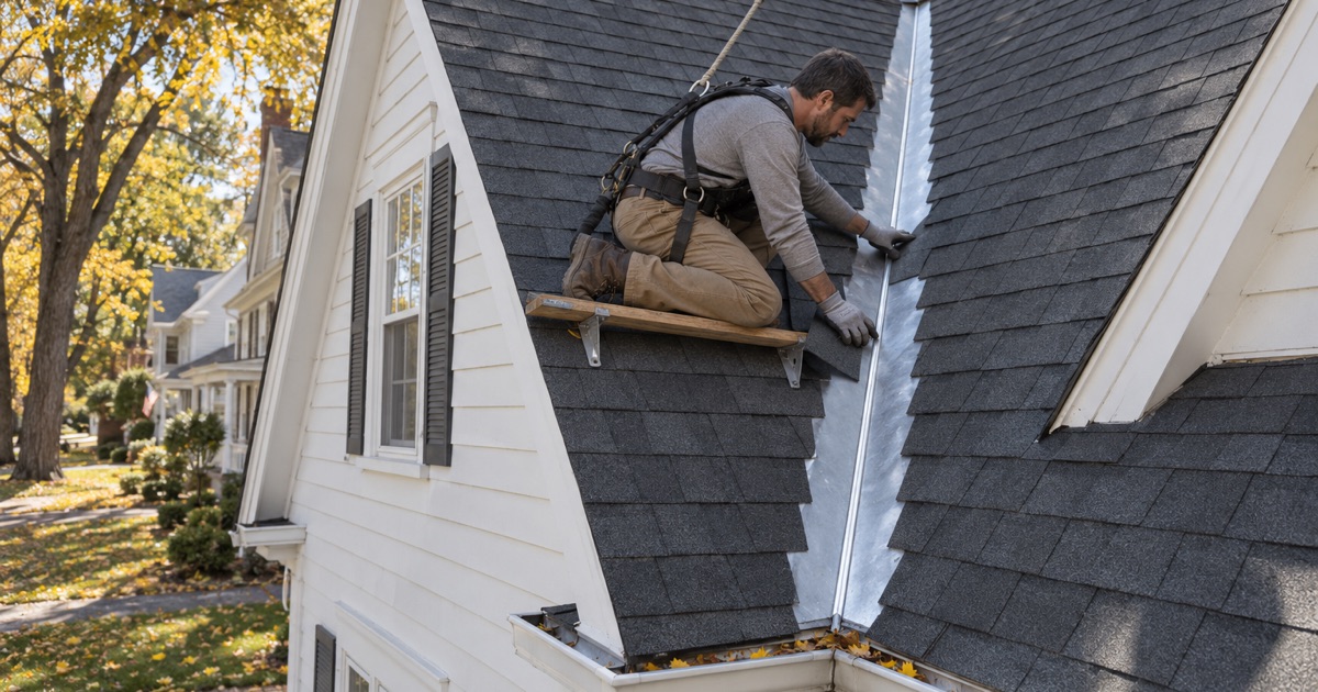 New shingles cut back along an open metal valley where two steep gables meet on an older Dumont house.