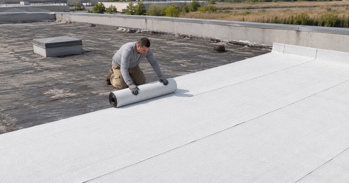 A granulated white modified bitumen cap sheet rolled out across the low-slope roof of a warehouse in East Rutherford’s Meadowlands district.