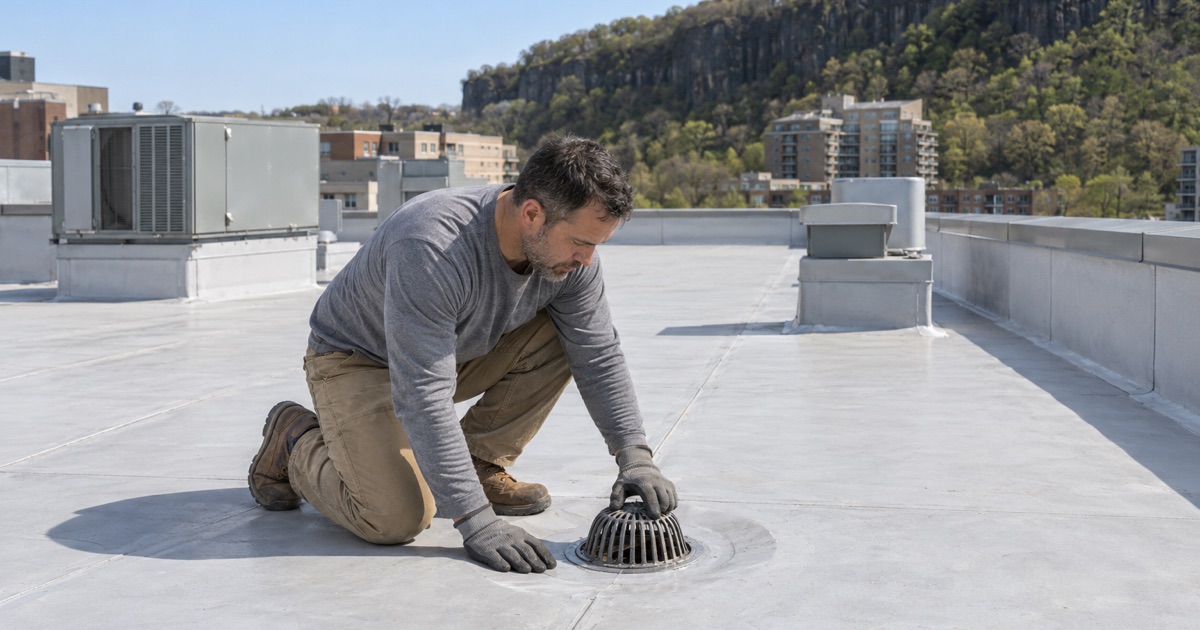 A roof drain strainer checked on the membrane roof of a newer mid-rise on River Road in Edgewater, the Palisades cliff behind.
