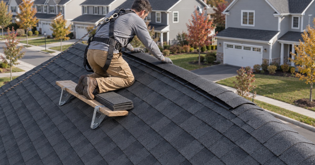 A ridge vent set along the peak of a new shingle roof on a newer Florham Park house, the roof planes bare and unencumbered.