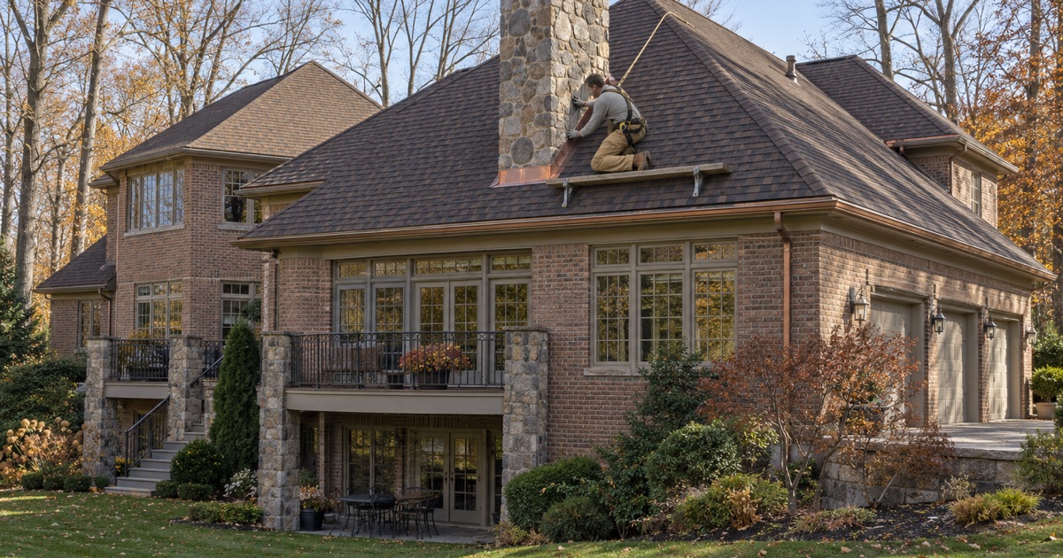 The cricket behind a fieldstone chimney on the large hip roof of a Franklin Lakes house, re-roofed and flashed together.