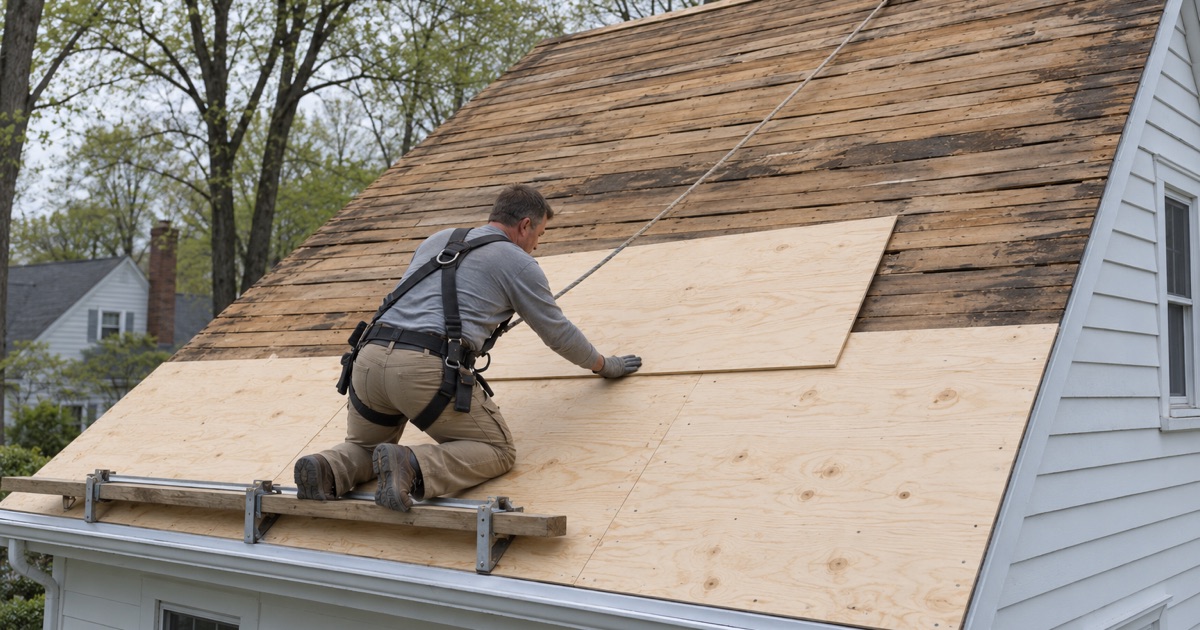 A new plywood sheet slid into line over the original board deck exposed at tear-off on an older Glen Rock house.