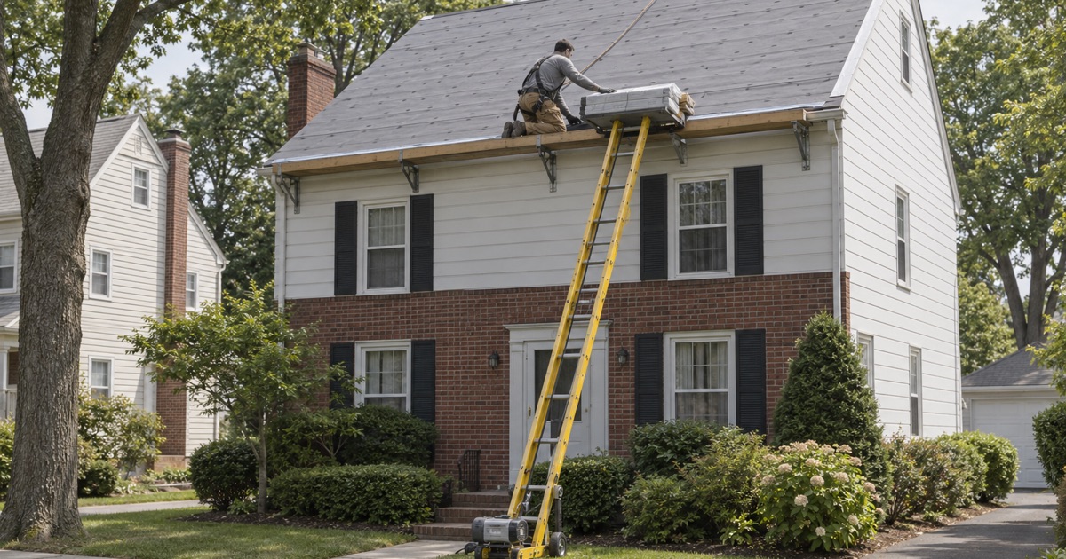 Shingle bundles arriving at the eave on a ladder hoist on a 1940s house in Hasbrouck Heights, a re-roof that never needs a crane.