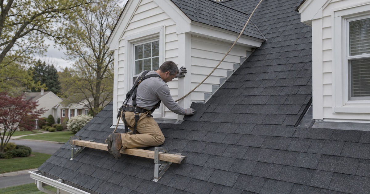 Shingles worked against the step flashing at the side of a front dormer on a 1950s Hillsdale Cape Cod.