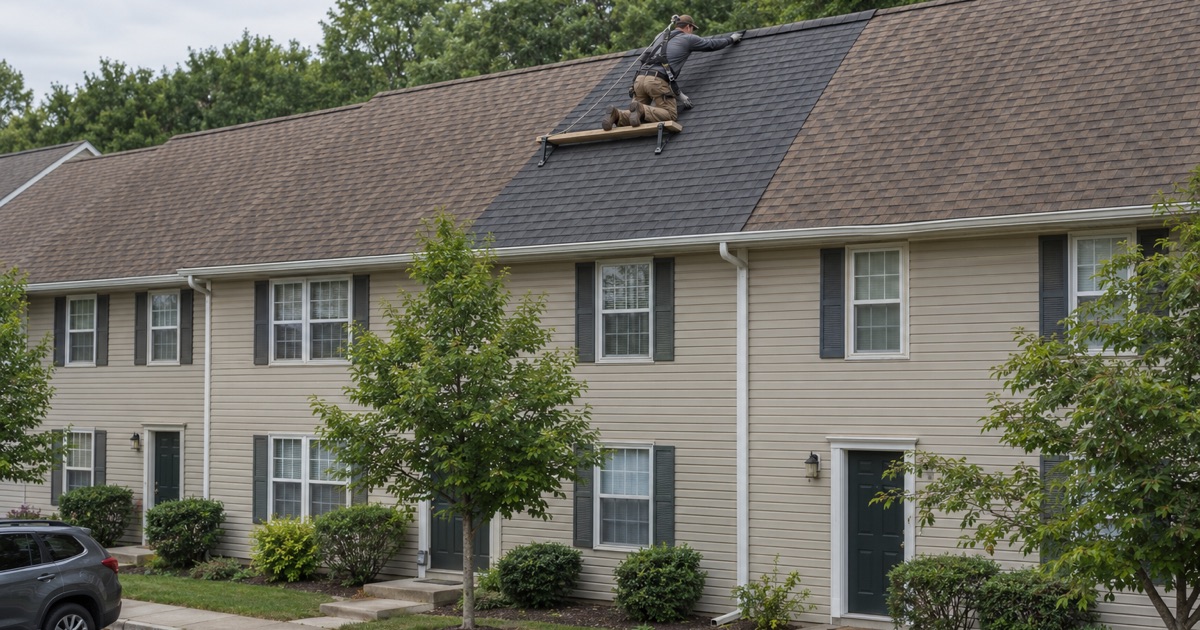 One townhouse’s new shingles meeting the neighbor’s older roof in a straight line over the party wall in a Lincoln Park row.