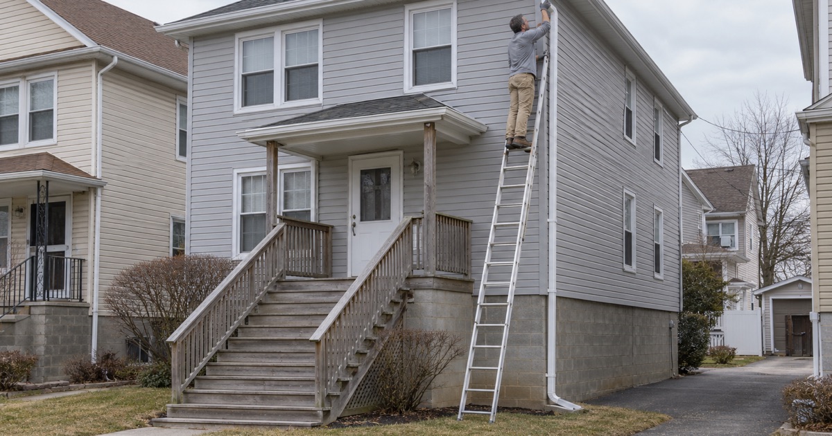 A new downspout connected under the gutter of a raised two-family house on a flat street in Little Ferry.
