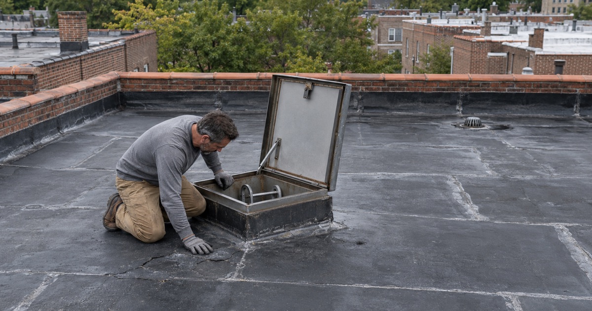 Reaching the flat roof of a small New Milford rental building through its roof hatch rather than a tenant’s apartment