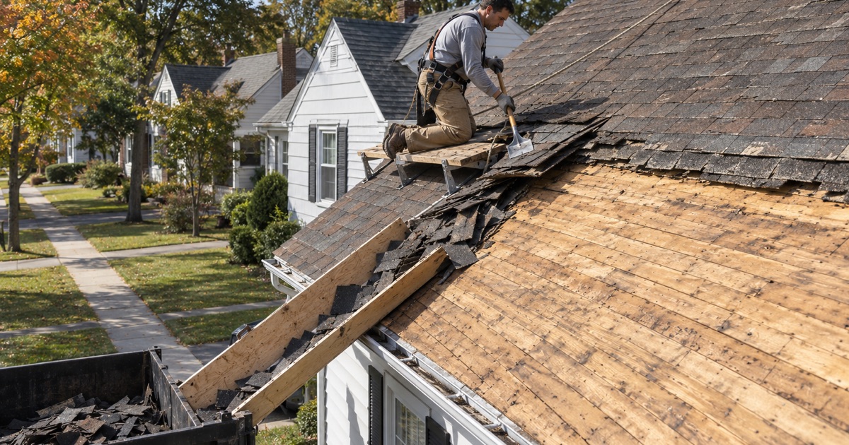 Two old shingle layers torn off a 1950s North Arlington house on its third roof, the original board deck showing