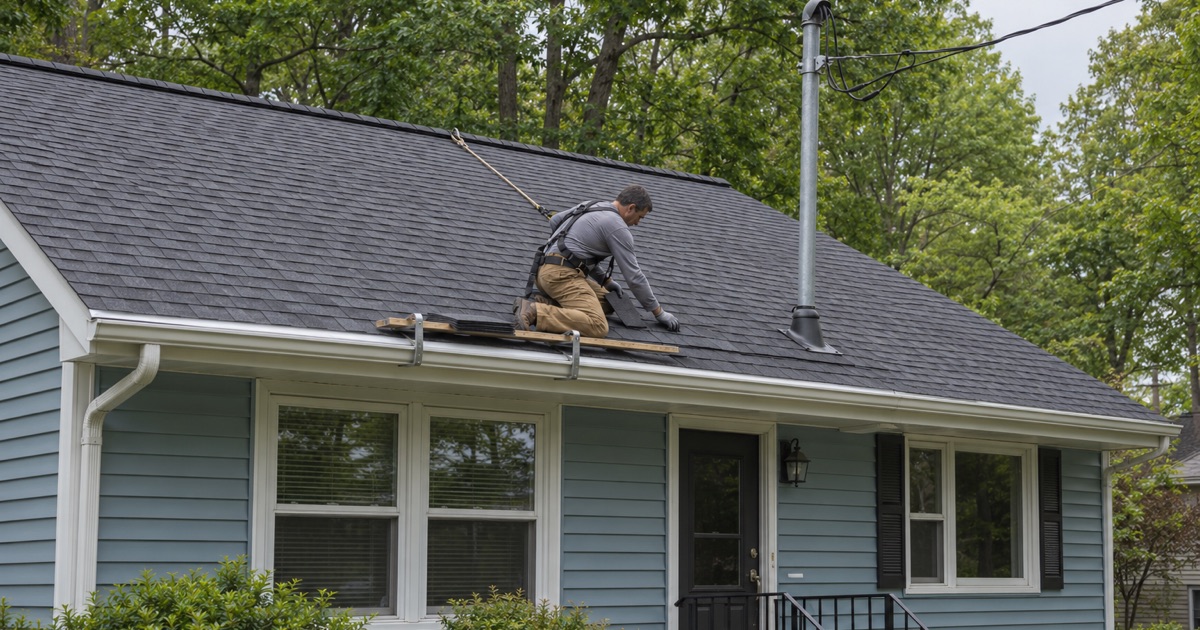 New shingles laid around the service mast on the front slope of an Oakland split-level, the mast and wires left alone.