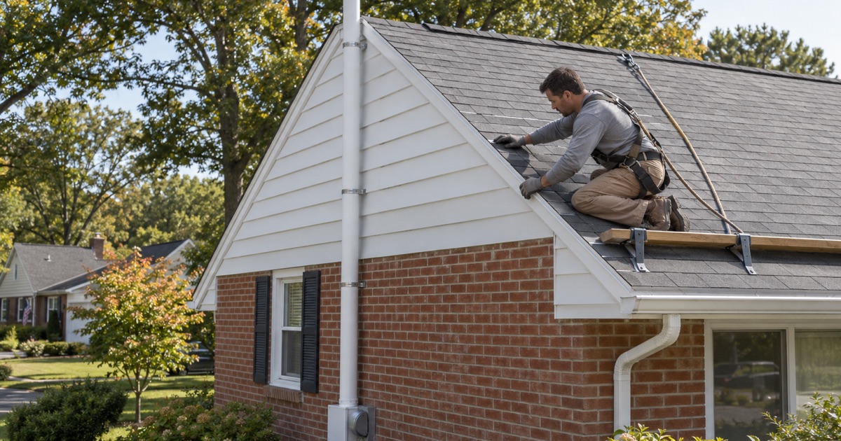New shingles laid along the rake of a Pompton Lakes ranch beside a vapor mitigation vent pipe that runs past the eave, left untouched.