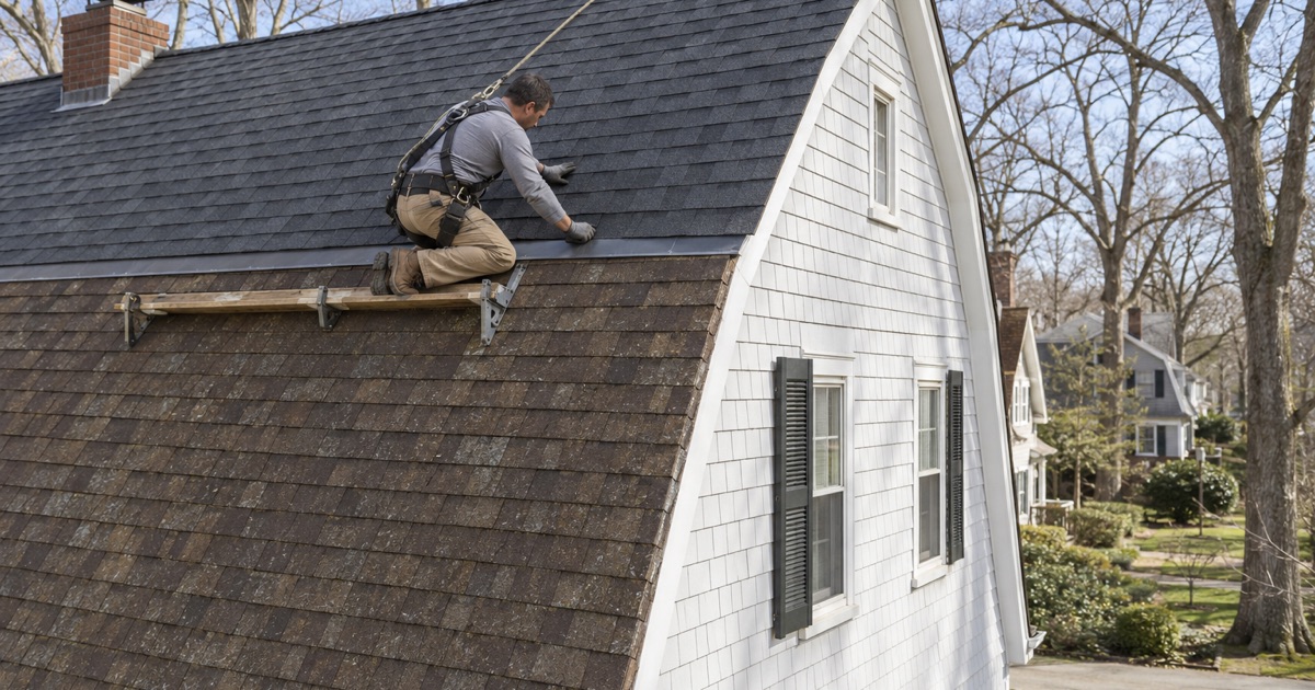 New shingles laid up the shallow upper slope of a Dutch Colonial gambrel roof in Ramsey, starting at the break between the two pitches.