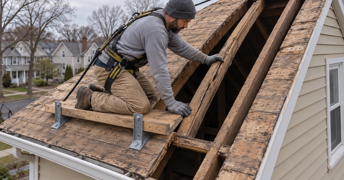 A cracked rafter exposed under the old deck during a tear-off on a prewar Roselle Park house, found before the new roof goes on.