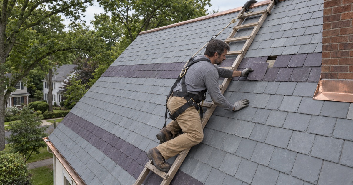In-kind slate repair on the patterned slate roof of an older Tenafly house, worked from a roof ladder