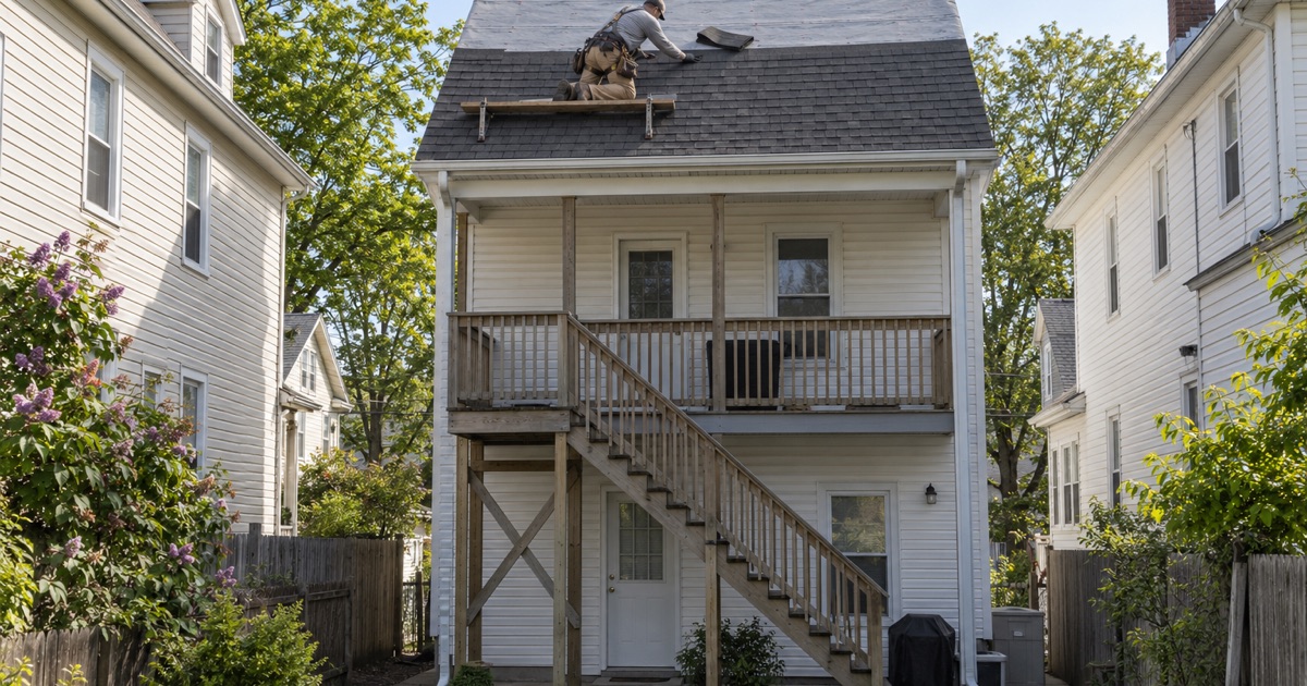 A two-family house in Wallington re-roofed from the back yard, its exterior stair leading to the upstairs unit