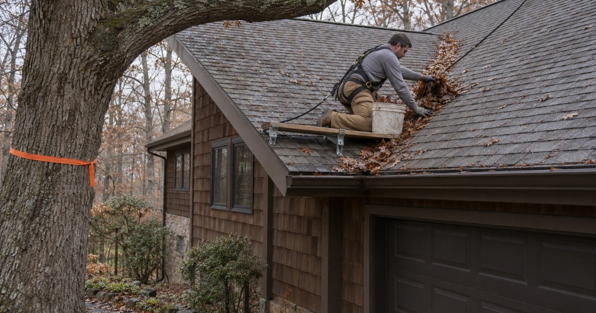 Clearing leaves from a roof valley in Wanaque under a ribbon-marked oak that only the borough can approve removing