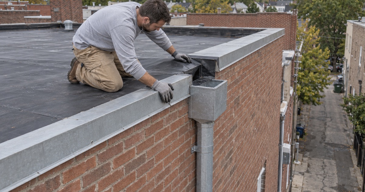 A scupper and leader box at the back of a two-story brick storefront’s flat roof in downtown Westwood.