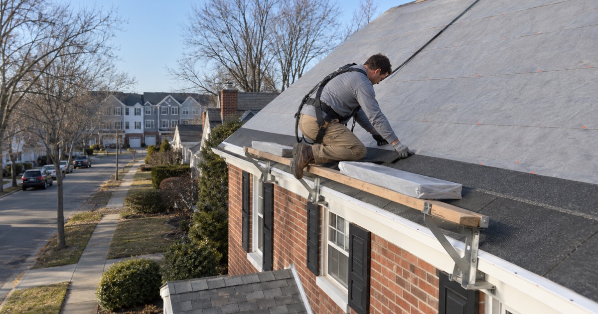 A starter course going on at the eave of a 1940s Wood-Ridge house, with the borough’s 2010s townhomes visible down the street.