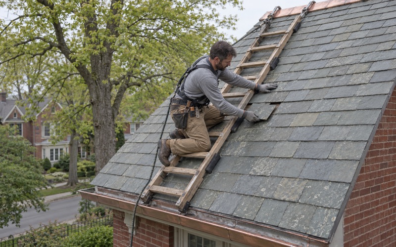 A replacement slate slid into a gap from a roof ladder hung on the ridge of a 1920s brick house in Clifton's Lakeview section.