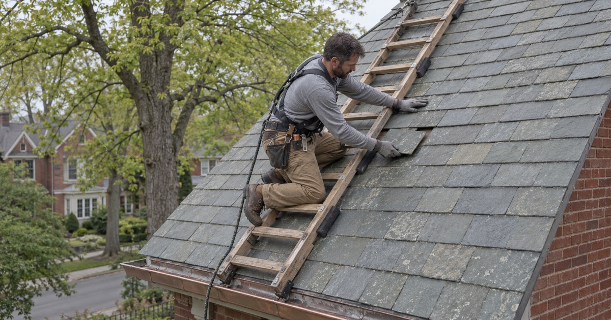 A replacement slate slid into a gap from a roof ladder hung on the ridge of a 1920s brick house in Clifton’s Lakeview section.